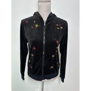 Vintage Y2K Black Velour Floral Embroidered Track Jacket Hoodie size M/L